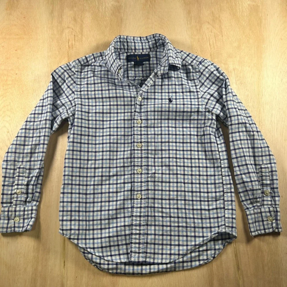 Ralph Lauren Boys Blue White Plaid Cotton Button Down Shirt Size S 8